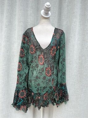Alberto Makali green red black floral sheer blouse tunic boho Y2K